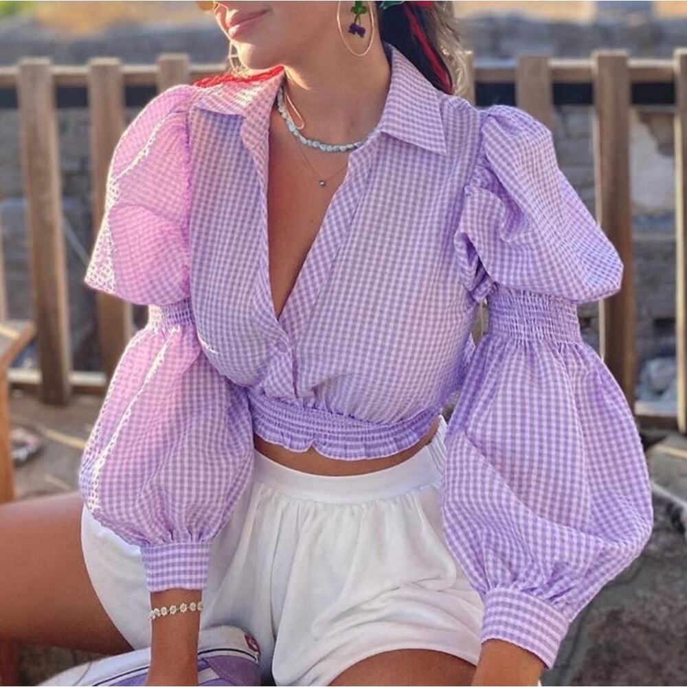 Zara Purple Gingham Balloon Sleeve Smocked Button Blouse Sz M Coquette Soft Girl